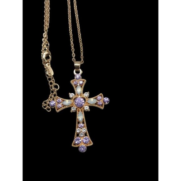 Sparkling Purple Rhinestone & Faux Opal Cross Pendant Necklace 19" Gold Plated - Picture 10 of 16